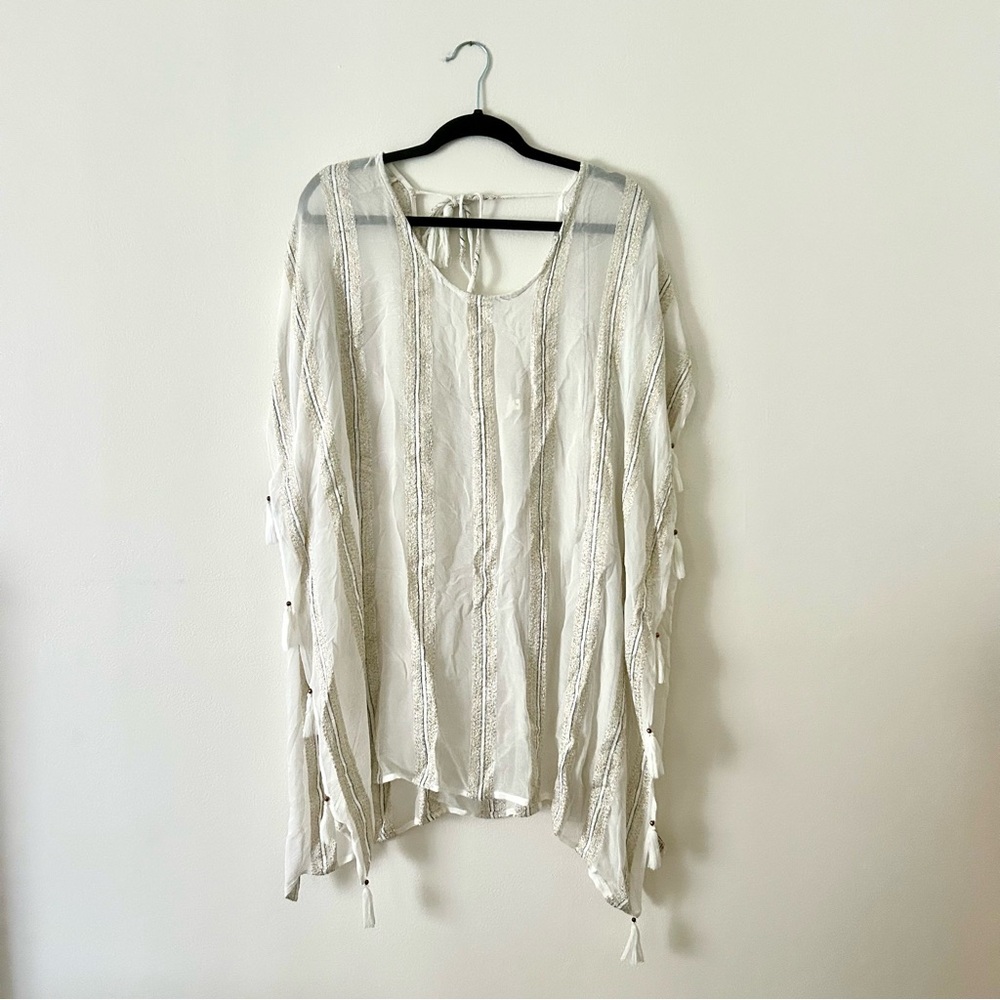 Surf Gypsy Cream and Gold Metallic Striped Swimsuit Cover Up with Fringe Detail
